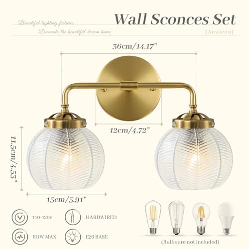 Image of Vintage Bathroom Vanity Lights Over Mirror, 2 Light Gold Wall sconces with clear Glass Shade Bathroom Light Fixture mid Century Wall Sconce Light Glass Wall Lighting for Bedroom Doorway Hallway