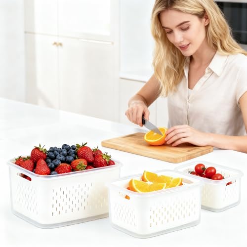 Esyhomi Fresh Food Storage Containers for Fridge, 3 Pack Fruit Storage Container with Removable Colander and Vent Handle Lids, BPA-Free, Refrigerator Organizer Bins for Fruit Salad Vegetables, Meat