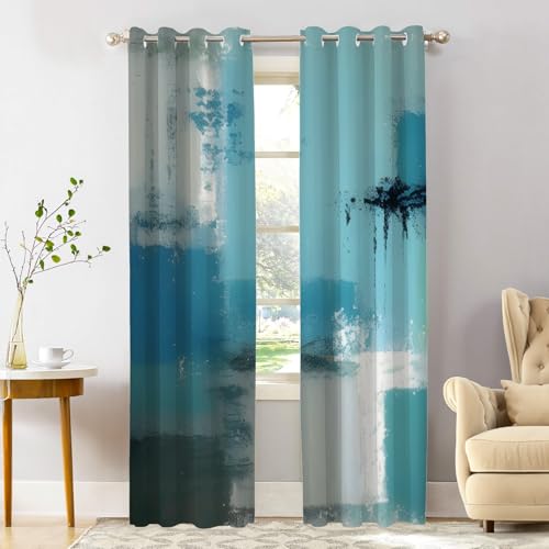 Shrahala Thermal Insulated Blackout Window Curtains, Long Drapes for Bedroom/Living Room with Plastic Grommet, 52X84 Set of 2,Teal Turquoise Grey