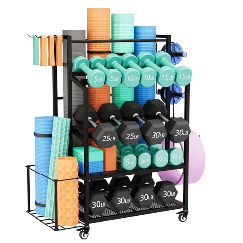 Dumbbell Rack Weight Stand - Adjustable Weight Rack for Dumbbells, Home Gym Storage Rack for Yoga Mat Foam Roller Kettlebells, Workout Equipment Storage Organizer With Wheels