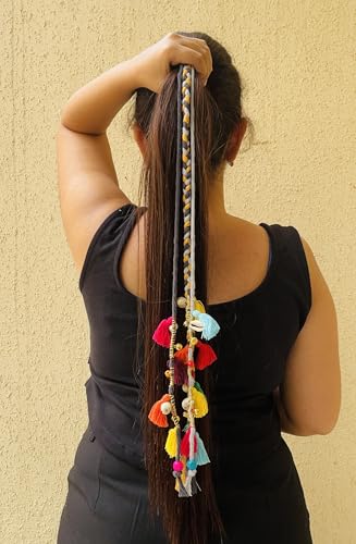 Image of Zippy Flora Handmade Boho Colorful Hair Strings | Ethnic Navratri & Festive Hair Accessories | Elegant Grey Braided Thread Hairband & Hair Extensions for Women & Girls | Bohemian Styling Hair Jewelry