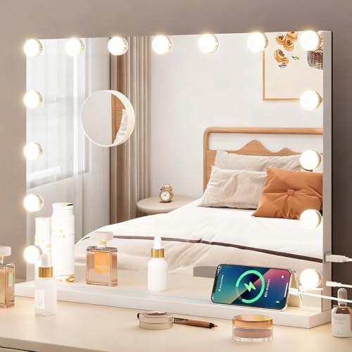 YOURLITE Miroir Maquillage Hollywood 58X45 cm,15 Ampoules LEDMiroir Coiffeuse Luminosité Variable avec Port USB, Contrôle Tactile avec Loupe Grossissante, pour Coiffeuse Miroir sur Table/sur Mur
