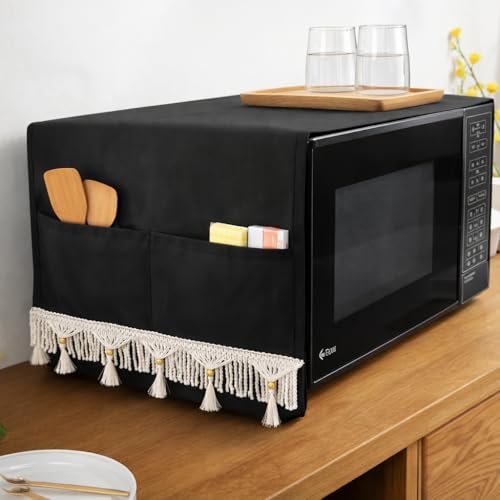 Image of Microwave Oven Cover with Tassel Lace - Waterproof Dustproof Polyester Top Cover for Kitchen with 4 Side Pockets, Modern Design, Black (100 x 35 cm)