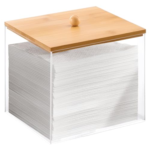 Puricon Acrylic Disposable Facial Towels Holder Clear Storage Bin with Wood Lid Compatible with Clean Skin Club Towel (NOT Included) Face Towelettes Container for Bathroom Counter -Original