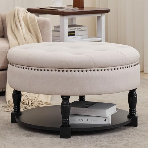 obmedin 31.5" Large Round Storage Ottoman, Upholstered Tufted Linen Ottoman