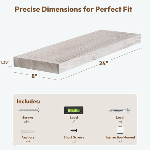 Image of Vivelove Elm Wood Floating Shelf 24x8 inch Set of 2, Weathered White