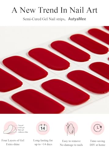 AutyaMee Semi Cured Gel Nail Strips (Ruby Red), 20 Pcs Gel Nail Wraps, Stickers, UV Light Required, Salon Quality, Long Lasting