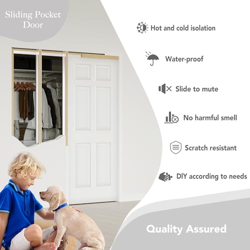Image of Pocket Door, 28 inch x 80 inch, 6-Panel Hollow Core Pantry Door with Frame and Hardware Kit, Lightweight Sliding Closet Doors, Waterproof PVC Surface, Easy to Install