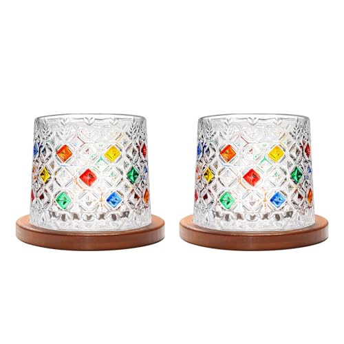 Uten Calice da Acqua Rotante, 275 ML/10 OZ Bicchiere Whisky Cristallo, Sottobicchiere in Bambù, Sensazione Spessa, Coppa da Rum Vetro Latte, Relax e Decompressione, 2 Bicchiere