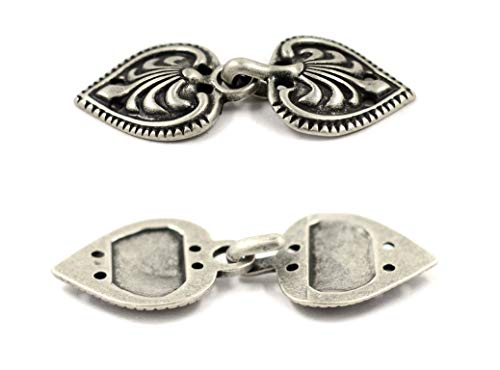 Bezelry 6 Pairs Baroque Spade Hook and Eye Cloak Clasp Fasteners 48mm x 19mm Fastened. (Antique Silver)