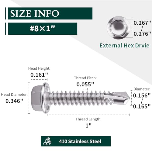 #8 x 1 (100 pcs) Hex Washer Head Self Drilling Screws, 410 Stainless Steel Metal Sheet Tek Screws, Self Tapping Point, No Pre-drilled Hole Needs