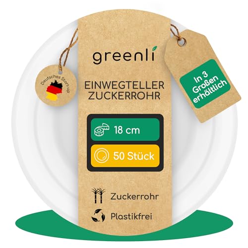 greenli Einwegteller aus Zuckerrohr 18 cm Ø 50 Stück Plastikfrei In 3 Größen erhältlich (18 23 26 cm) Die stabile Alternative zu Papptellern