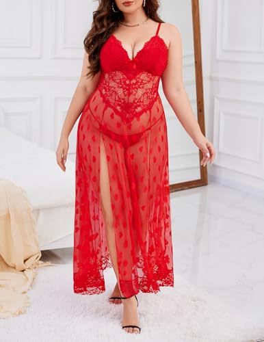 Image of Alrovetoney Plus Size Lingerie For Women Babydoll Sexy Mesh Maxi Nightdress Exotic Sleepwear Side Slits