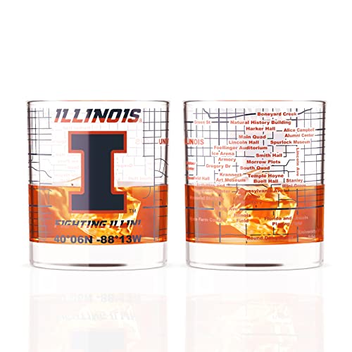Greenline Goods University Of Illinois Whiskey Glass Set (2 Low Ball Glasses) - Contains Full Color Illinois Logo & Campus Map - Gift Idea For Illinois College Grads & Alumni - Glassware #TOP6