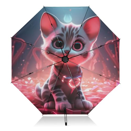 LINNIKEEEE Raumlicht Katze Regenschirm Automatik Auf-Zu UV-Schutz Taschenschirm Klein Leicht Schirme für Jungen Mädchen Reise