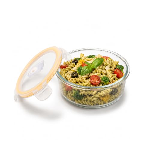 CELLO Fit & Fresh Round Lunch Box Container for Daily Use 400 ml, Clear | Microwave & Fridge Safe Toughened Glass Airtight Leakproof Food Storage Tiff