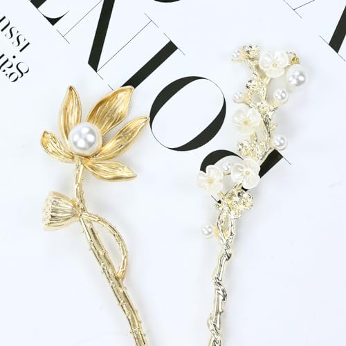 inSowni 8 Pieces Retro Vintage Asian Japanese Chinese Hanfu Gold Metal Flower Hair Sticks with Pearl Pendants Fishtail Lotus Butterfly Long Hair Pins Forks Chopsticks Bun Updo Holders for Women Girls - Thumbnail 7
