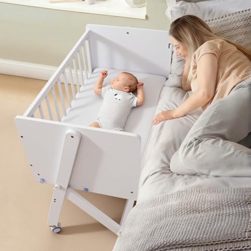 Image of Flwrgirl Rocking Bedside Baby Bassinet - 3-in-1 Baby Crib with Mattress,Wheeled Pine Wooden Bassinet Bedside Sleeper,Portable Co Sleeper for Small Room and Newborn