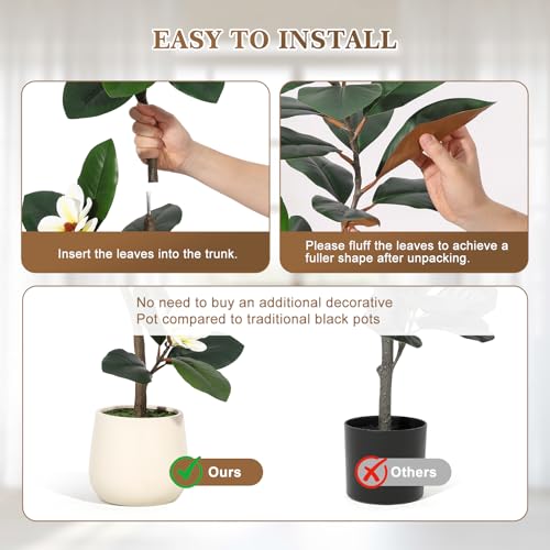 GAOMON 6FT Artificial Fiddle Leaf Fig Tree with Magnolia Flowers, Faux Plants with White Planter Pot, Faux Floor Plant, Indoor and Outdoor Rubber Tree for Home Office Decor
