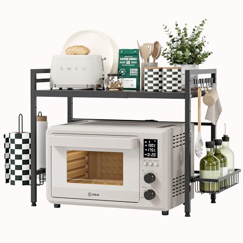 NETEL Etagere Micro Onde Cuisine Rangement Extensible, Support pour Micro-Ondes à 2 Niveaux, étagère Plan Travail pour Microwave avec 8 Crochets,Porte...