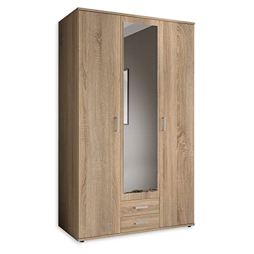 Armadio Forte Yoop 3 Ante - Rovere Sonoma E Grigio Opaco - 58x133,2x194,4 Cm - Con Asta E 5 Ripiani