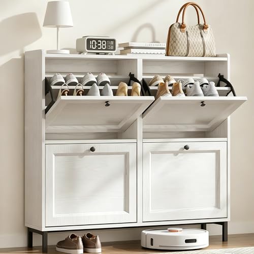 Blishom Armario Estrecho para Zapatos, Mueble Zapatero con 4 Puertas Abatibles con Estantes Ajustables, para 16 24 Pares, para Entrada o Espacios Pequeños, 99x24x91 cm (Blanco, 4 Puertas)