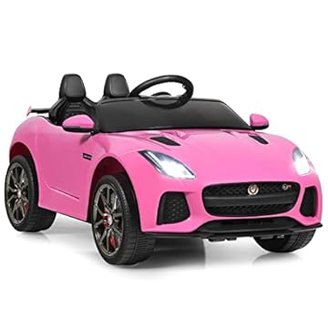 GOPLUS Jaguar Electric Car, 12 V Children's Car with 2.4 GHz Remote Control, Soft Start, LED Light, Horn, Music, Seat Belt, 3-5 km/h, Children's Vehicle for Children from 3 Years up to 25 kg (Pink)