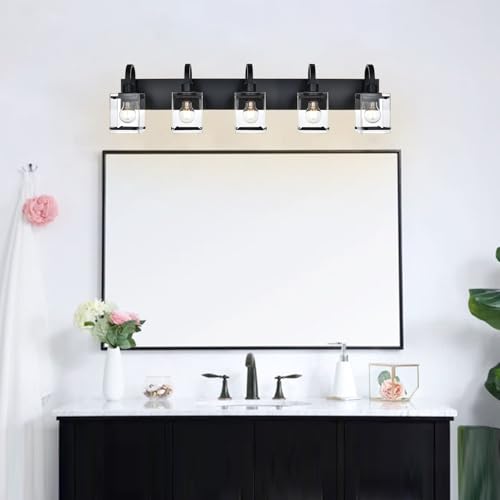 Image of 5 Light Vanity Light Bathroom Lighting Fixtures,Black Cage Vintage Wall Sconces Lighting,40.2 Inch Bath Wall Mounted Lights with Clear Glass Shade Bathroom Vanity Light for Living Room