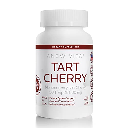 Anew Vita Montmorency Tart Cherry Extract. 25,000 mg 50:1 Concentrate. CherryPure Tart Cherry. Supports Muscle Recovery & Inflammation. 120 Vegetable Capsules