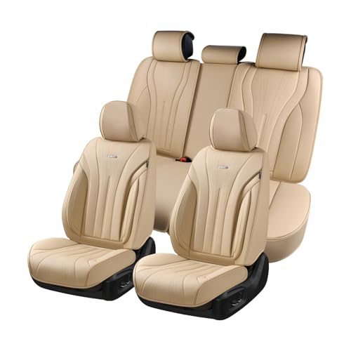 Image of Coverado Car Seat Covers Full Set, Breathable Nappa Leather Seat Covers for Cars, Universal Seat Covers, Front and Back Waterproof Car Seat Protector, Automotive Seat Cushion Fit Most Cars(Beige)