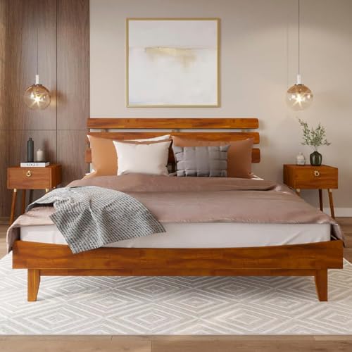 Bme Caden King Size Bed Frame and Adjustable Headboard, 15 Inch Mid Century Retro Style - Solid Acacia Wood - No Box Spring Needed - 12 Strong Wood Slat Support - Easy Assembly - Caramel by Bme - Used condition - US$237.95