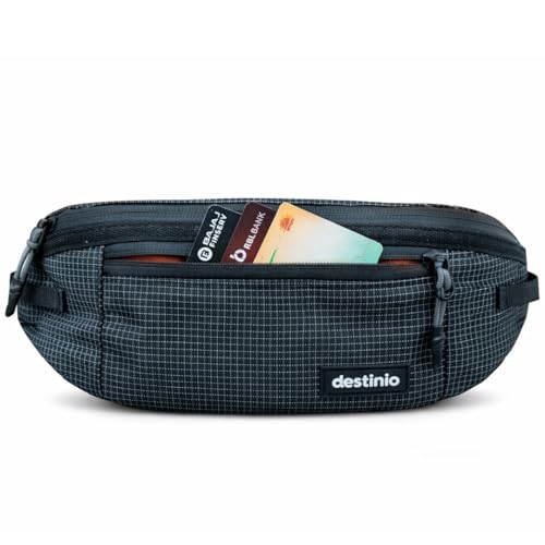 Image of Destinio Waist Bag for Men & Women, Travel Waist Pouch & Fanny Pack with Waterproof Zippers, Back Pocket, Anti-Theft Design, Key Holder, Adjustable Crossbody Strap (Grey Zipper)