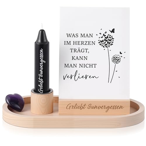 Hestya Trauergeschenk für Hinterbliebene Holz Kerzen Kartenhalter Trauerkerze mit Spruch Herzstein Beileid Geschenk Kondolenz Erinnerung Verstorbene Beerdigung Deko(Schwarz Geliebt und unvergessen)
