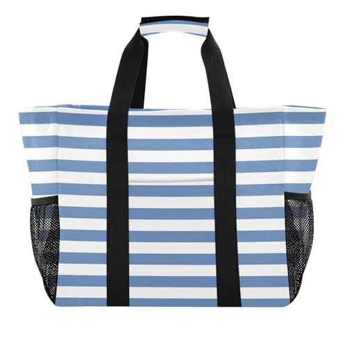 Beach Bag for Women Stripe Dark Blue Large Canvas Tote Bag Sandproof Pool Bags with Pocket for Gym Beach Travel Pool