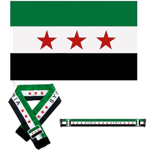 Flagge Syrien 90x150 cm Syrisch Flaggenschal 135x14 cm Doppelseitiger Syrischer Schal Syrischen Fahne Flag Mit Kordel Wetterfeste Fahnen für Outdoor