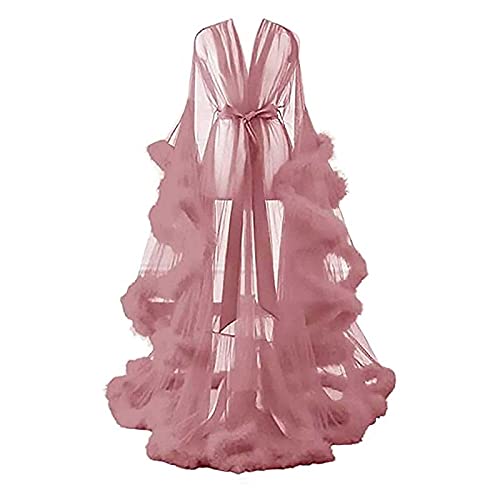 ZLZNX Femmes See-Through Sexy Plumes Robe en Dentelle Plume Tulle Robe Extra Longue Fourrure Tulle Robe de Chambre Robe Kimono Maille Transparente Dentelle Robe,Light Pink,One Size Cover