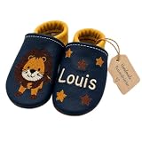 Krabbelschuhe Baby aus Leder, personalisierbare Puschen mit Löwe