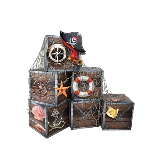 wraphay 20 Pcs Pirate Trunk or Treat Decorations Kit - Pirate Treasure Chest Box Set with Fishing Net Ship Decor & Photo Booth Props for Ocean Adventure Birthday Party for Adults