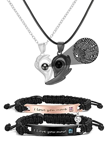 4Pcs Matching Couples Necklace for Him and Her Couples Bracelets Necklace that Says I Love You in 100 Languages for Girlfriend Boyfriend(Couple Set A)