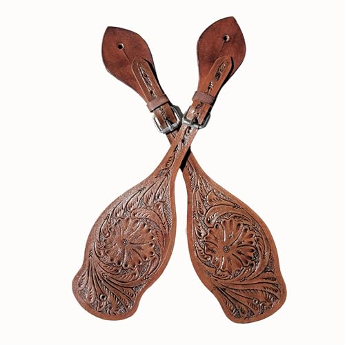 Hulara Western Genuine Leather Spur Straps, Genuine Leather, Antique Hand Tooling, Adjustable Stainless Steel Buckle