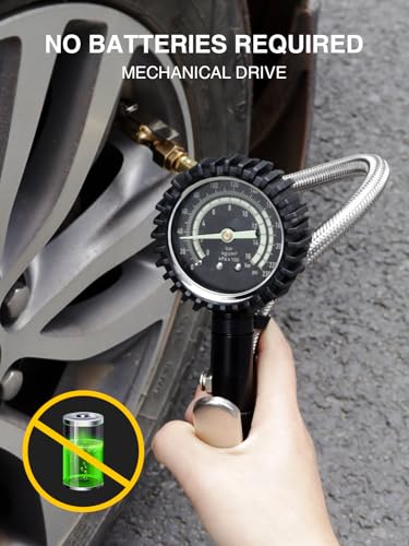 Image of AZUNO Heavy Duty Tire Pressure Gauge, Tire Inflator Gauge 230PSI Air Chuck Air Compressor Attachments, with Steel Braided Hose, Large 2.6 inch Glow Dial & Quick Connect Coupler, for Truck /Car /SUV /RV /Bike