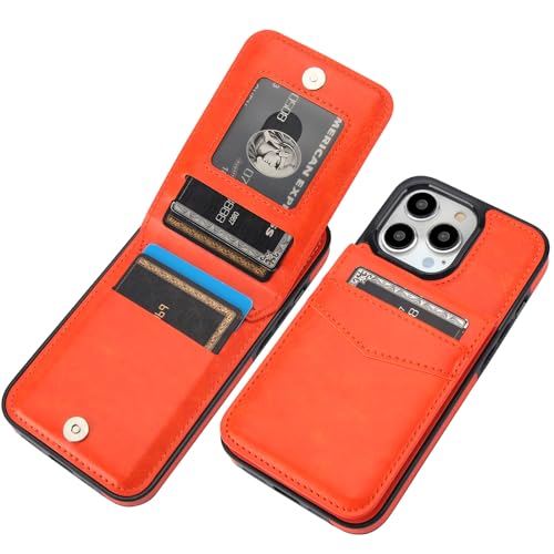 Image of KIHUWEY Compatible with iPhone 13 Pro Case Wallet with Credit Card Holder, Premium Leather Magnetic Clasp Kickstand Heavy Duty Protective Cover for iPhone 13 Pro 6.1 Inch (Orange)