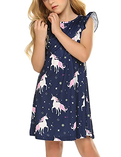 Girls Nightgown Nightdress Unicorn Shirt Pajamas Dress for Kids Sleepwear Nighty Navy Blue