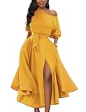 LILYIN Women’s Elegant Off Shoulder Short Sleeve Belted Side Slit Cocktail Party Swing Dress with Pockets (S, Mustard Yellow)