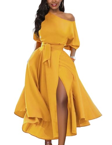Image of Women's Off Shoulder Short Sleeve Cocktail Swing Dress | Elegant Wedding Guest, Midi Length, Asymmetrical Neck, Belted, Front Side Slit, Side Pockets, Formal Occasions, Day to Night