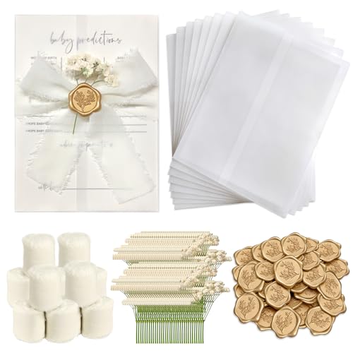 Fanuk 50 Sets Wedding Invitation Kit Pre-Folded Vellum Jackets for 5x7 Invitations Accessories Wax Seal Stickers Ribbon & Dried Flowers for DIY Wedding Invites