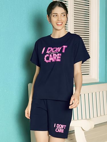 Image of ZEYO Night Suit for Women's Typography Printed Cotton Night Dress of Top and Shorts