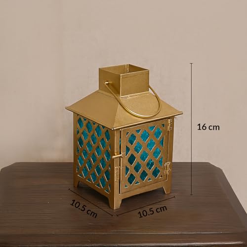 Image of MARKET 99 Metal & Glass Lantern Candle Holder with Blue Glass | Decorative Hanging & Tabletop Lantern for Diwali, Christmas, Weddings & Festive Home Decor | Golden & Blue Finish
