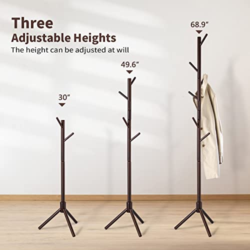 Yofu Coat Rack, Wooden Coat Rack Freestanding Easy Assembly, 8 Hooks-3 Height Adjustable Size, Coat Tree For Clothes, Hat, Bags,Coat Rack Stand For Home, Office, Hallway, Entryway(Dark Walnut) #TOP2