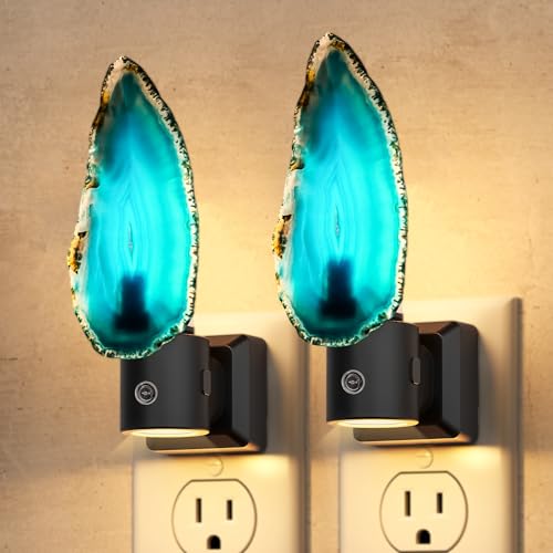 Image of Briignite Agate Night Lights Plug into Wall, Dimmable Night Lights with Adjustable Brightness, LED Nightlight with Dusk to Dawn Sensor, Blue Healing Stone Agate 3000K Warm White for Hallway Bedroom
